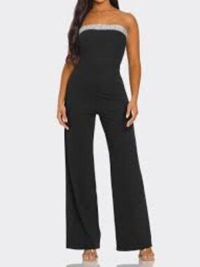 NWT: Marina Rhinestone Navy Blue Strapless Jumpsuit Size Large
